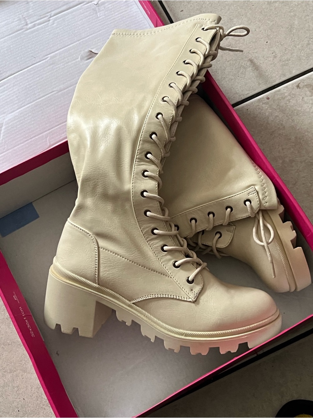 Cream Lace-Up Chunky Heel Knee-High Boots - Women's shoe dazzle